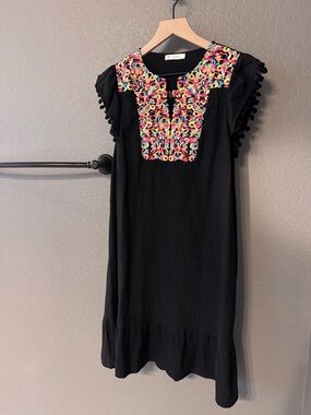 Black Casual Dress with Colorful Embroidered Yoke and Pom Trim